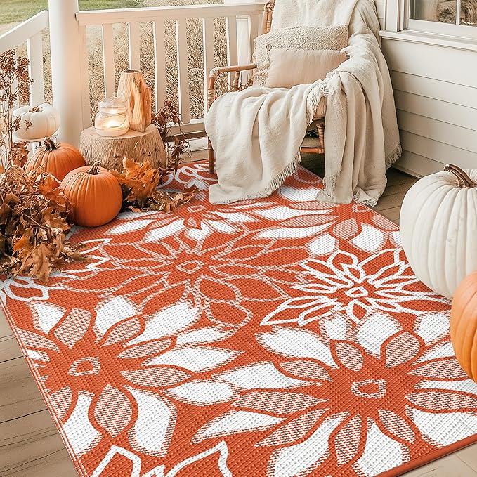 GENIMO Outdoor Rug Waterproof for Patio Decor, 6' x 9' Reversible Plastic Straw Floral Camping Carpet, Large Area Rugs Mats for RV, Camper, Deck, Balcony, Porch, Beach, Picnic, Orange & White