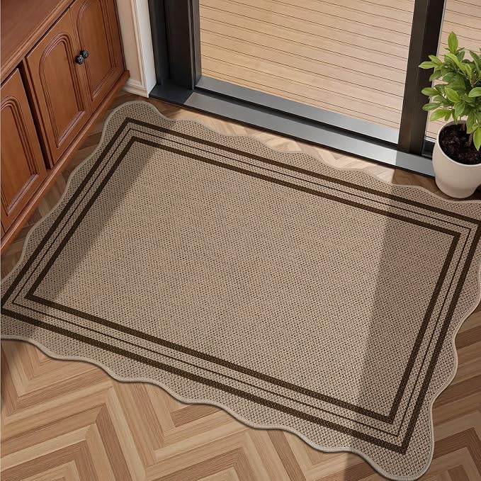EDIMENS Easy Jute Rug Entryway Rug, 2x3 Front Door Mat Small Entryway Non-Slip Washable Area Rug, Low Pile Black Indoor Outdoor Farmhouse Scalloped Doormat for Entrance Entry Porch Doorway