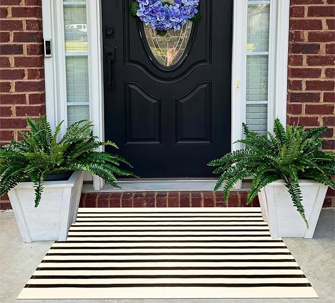 Black and Beige Layered Doormat,2x3 ft Striped Small Outdoor Porch Rug Cotton Woven Washable Farmhouse Layered Door Mats for Entryway/Porch Decor/Kitchen/Home Entrance