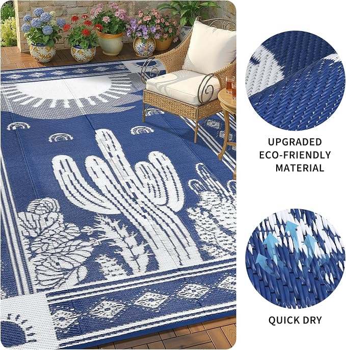 Garvee Waterproof Outdoor Rug 5x8, Cactus Botanical Outdoor Plastic Straw Rug for Camping, Reversible RV Mat Outside, Indoor Outdoor Carpet for Porch, Deck, Backyard, Balcony, Picnic, Navy & White