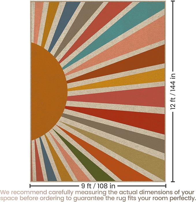 Washable Sun Easy Jute Rug, 9x12 Rainbow Sun Modern Boho Retro Outdoor Indoor Patio Large Area Rug, Woven Ultra Thin Non Slip Carpet Mat for Living Dining Room Bedroom Classroom Kids Nursery Play Room