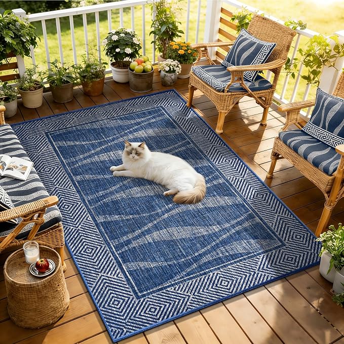 Jute Rug 3x5 Outdoor Patio Rug with Border, Washable Rugs for Entryway Porch, Farmhouse Non Slip Area Rugs with Rubber Backing, Non Shedding Carpet for Indoor Outdoor Bedroom, Courtyard, Blue