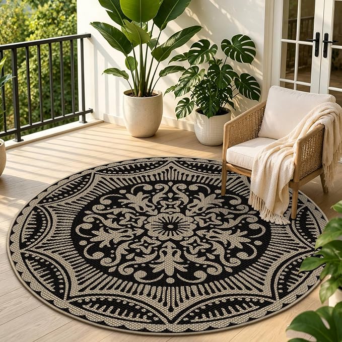 Capslpad Round Faux Jute Rug 6ft Washable Non Slip Area Rugs for Living Room Boho Circle Patio Carpet Low Pile Floral Indoor Outdoor Rug for Backyard Bedroom Kitchen Entryway,Black&Nature