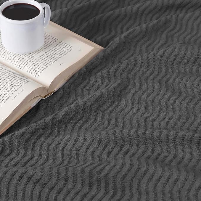 Superior JENA Cotton Blanket, for Picnic, Beach, Traveling or Camping, Bedroom Decor, Essentials, Cover for Bed, Couch, Lounging, Textured Jacquard, Modern Chevron Woven Blanket, King, Charcoal
