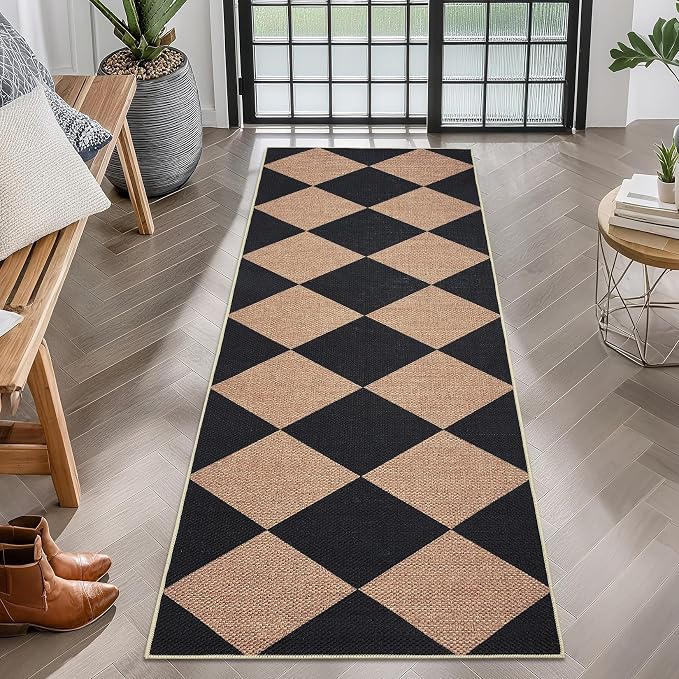 GarveeHome Checkered Easy Jute Runner Rug 2x6 Non-Slip Machine Washable Stain Resistant Indoor Outdoor Rugs for Living Room, Bedroom, Kitchen, Dining, Patio - Farmhouse Style Black Tan
