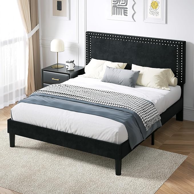 VECELO Full Size Platform Bed Frame with Height Adjustable Upholstered Headboard, Modern Mattress Foundation,Strong Wood Slat Support, No Box Spring Needed, Easy Assembly,Black