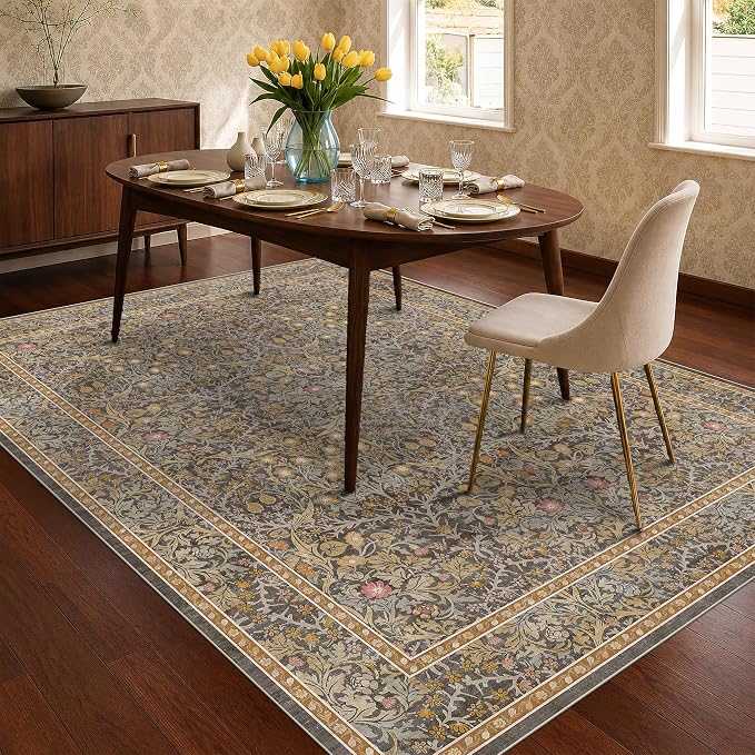 Dining Room Rugs for Under Table - 6x8 Brown Washable Area Rug for Living Room, Low Pile Non-Slip Floor Carpet for Bedroom - Vintage Design & Stain Resistance