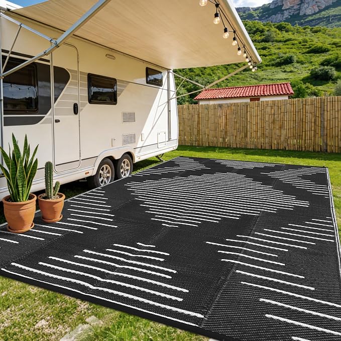 Garvee Waterproof Outdoor Area Rug 9x12 Plastic Reversible Rug for Patio Decor Easy-Cleaning Large Floor Mat for Camping RV Porch Deck Backyard Balcony Picnic Black White