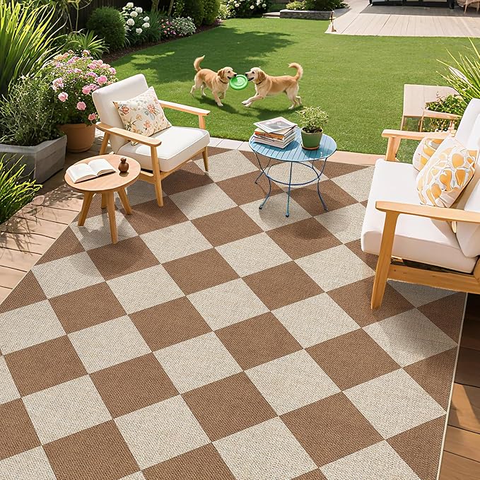 GarveeHome Easy Jute Area Rugs 6x9 for Living Room Non-Slip Backing Checkered Rugs Machine Washable Modern Indoor Outdoor Carpets for Dining Room Nursery Patio Bedroom Backyard Camping Brown