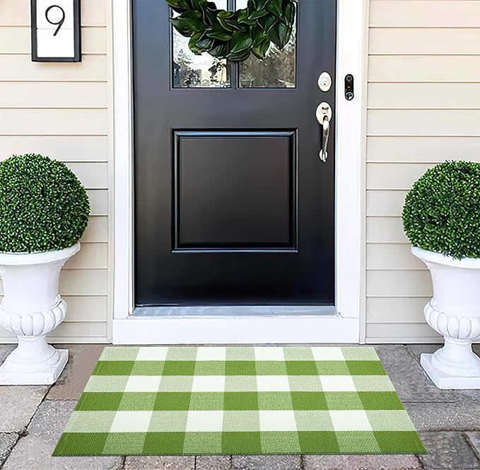 Buffalo Plaid Door Mats Outdoor 24''X35'' Green and White Checked Outdoor Rug Cotton Woven Washable Layering Door Mat for Welcome Mat Entryway Bedroom Living Room