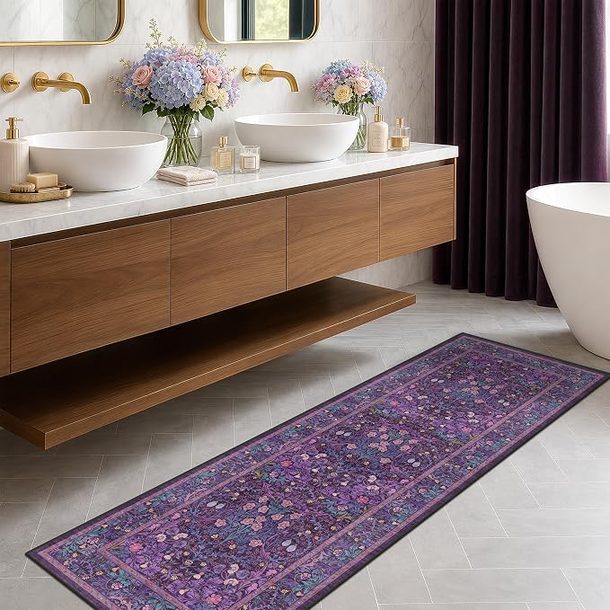 Vintage Plum Purple 2x6 Runner Rug for Bathroom - Boho Washable Indoor Entryway Rug, Oriental Low Pile Violet Carpet for Laundry Room, Hallway Mats for Floor, Stain & Fade Resistant