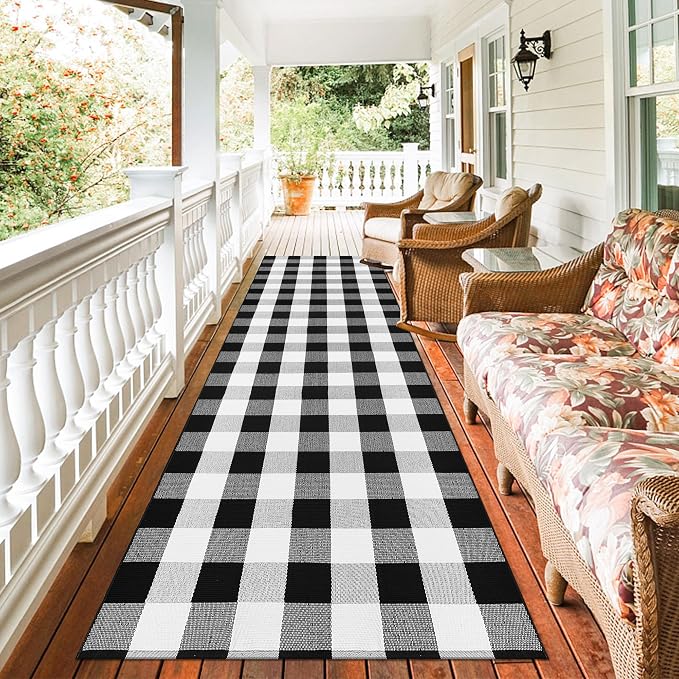 Buffalo Plaid Runner Rug 3x10 Feet Black and White Checkered Runner Rug Cotton Woven Farmhouse Floor Mat Washable Rugs for Hallway Kitchen Laundry Bedroom Living Room