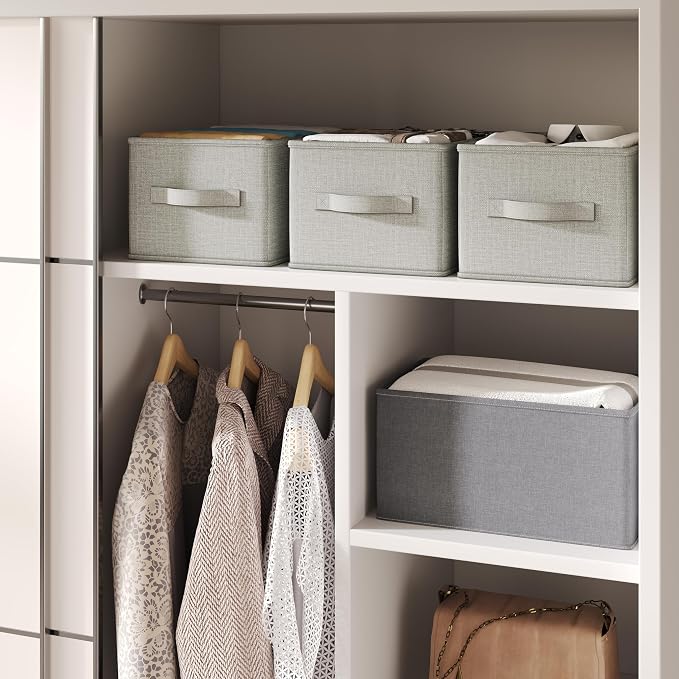 LayerSpace 3 Pack Fabric Storage Bins for Shelves | 14.75x10.25x8.25 in Storage Baskets | Fabric Closet Organizers with Handles Home Organization | Linen Clothes Storage Bins | Light Gray | Thickened Rigid PP Panels, Cotton-linen Shelf Baskets, Measure...
