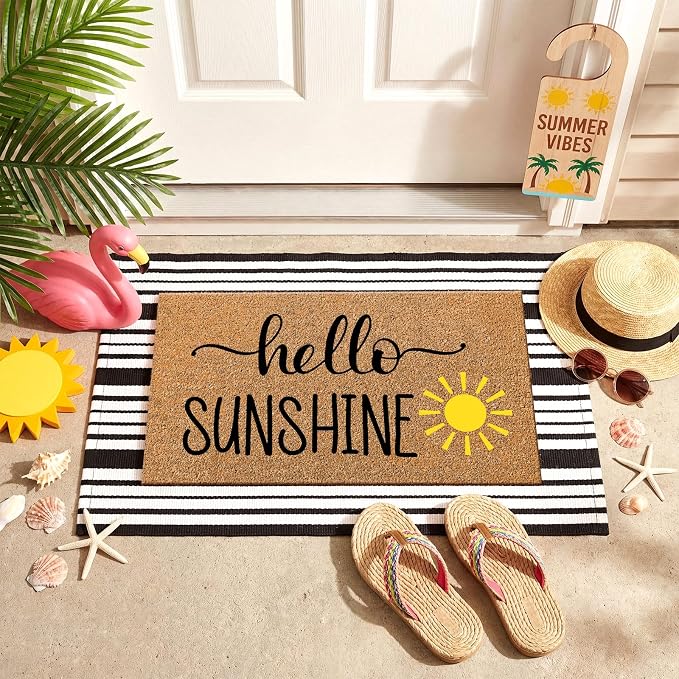 Moucuny 2 Pcs Summer Hello Sunshine Coir Door Mat 24'' x 35'' Black and White Striped Outdoor Rug 16'' x 28'' Yellow Sunshine Coir Doormat Non Slip Seasonal Welcome Doormat for Porch Front Decor