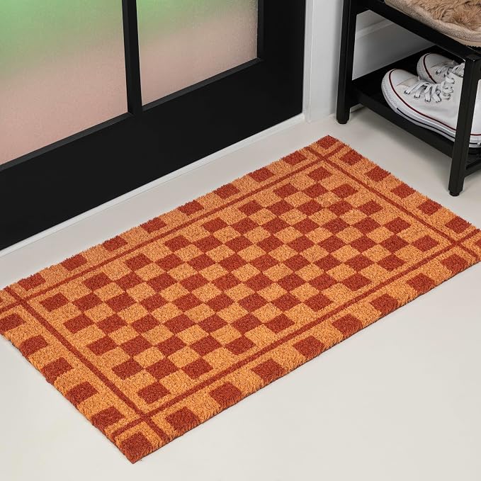 JONATHAN Y Natural Coir Indoor/Outdoor Mat 2X3 Natural/Red, Peater Classic Casual Commerical Doormat Ideal for Door Entrance, Patio, Porch, Backyard, Garages, Easy to Clean NRF109A-23