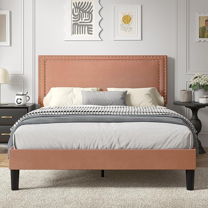 VECELO Full Size Platform Bed Frame with Height Adjustable Upholstered Headboard, Modern Mattress Foundation,Strong Wood Slat Support, No Box Spring Needed, Easy Assembly,Brown