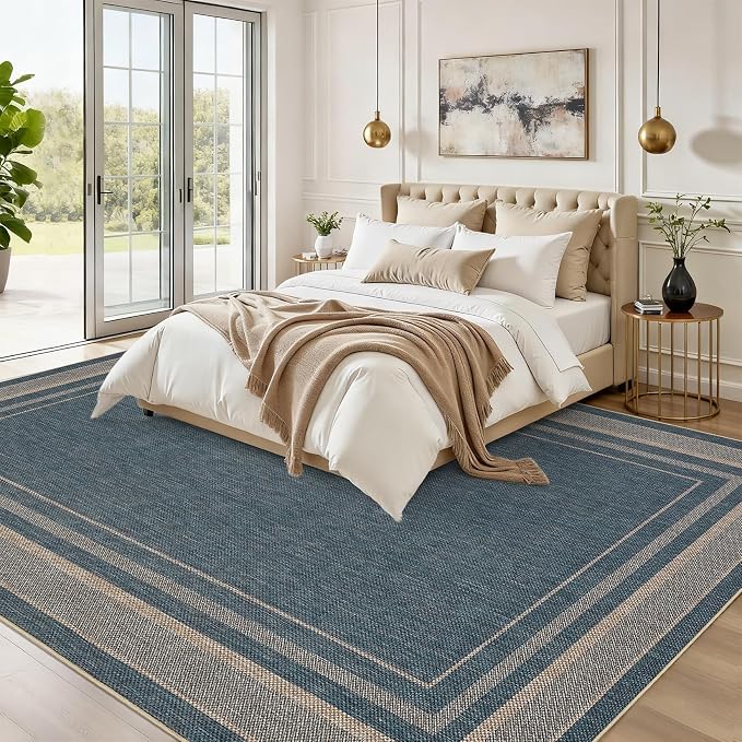 GarveeHome Easy Jute Rug 8x10 Washable Non Slip Solid Blue Living Room Rugs | Modern Easy Jute Living Room Rugs Neutral Bordered Stain Resistant Indoor Throw Carpet for Nursery Kitchen Entryway, Blue