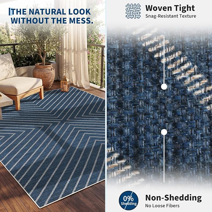 Garvee Easy Jute 5x7 Outdoor Patio Rug, Washable Modern Boho Rugs for Living Room, Non-Slip Farmhouse Striped Outdoor Mat Neutral Floor Carpet for Patio Dining Room Backyard 5'x7'
