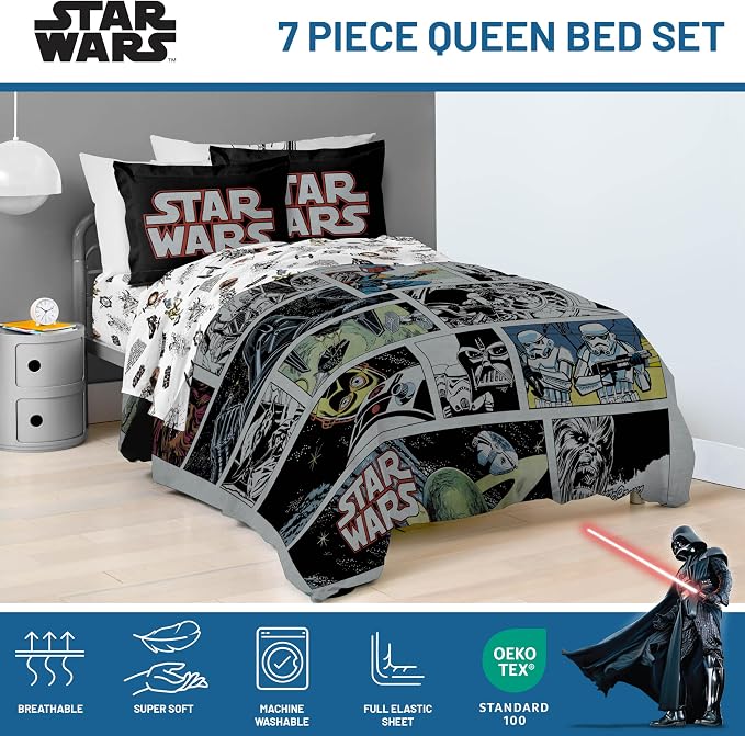 Star Wars Queen Comforter Set 7 Piece Soft Bedding for Boys, Multi | Darth Vader Yoda, Bed in a Bag, Comforter Sheets Shams Pillowcases, Soft Microfiber, Machine Washable, Boys Gift
