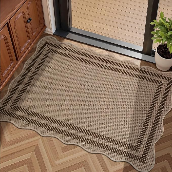 EDIMENS Easy Jute Rug Entryway Rug, 2x3 Front Door Mat Small Entryway Non-Slip Washable Area Rug, Low Pile Black Indoor Outdoor Farmhouse Scalloped Doormat for Entrance Entry Porch Doorway