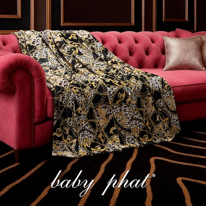 Baby Phat Oversized Plush Throw Blanket, Leopard with Chains, 60" x 70"