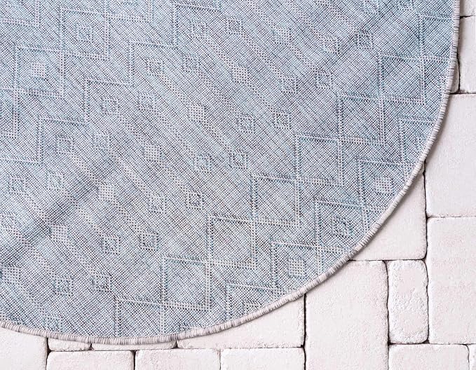 Unique Loom Outdoor Trellis Collection Area Rug - Tribal Trellis (4' 1" Round, Light Blue/ Ivory)
