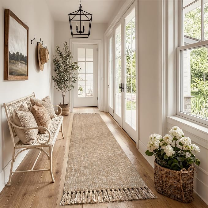 Collive Long Hallway Runner Rug 2.6' x 10', Washable Runner Indoor Entryway Rug, Tan/Cream Braided Woven Kitchen Runner Rugs Low-Profile Front Door Floor Carpet for Laundry Room Bedroom Doorway