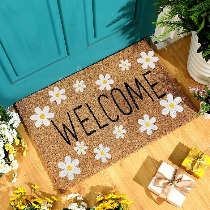 Ceenna Spring Daisy Welcome Doormat Outdoor Spring Flower Coir Door mat with Non Slip Backing White Daisy Flower Front Door Mat Front Porch Rugs for Home Entrance, 16 x 28 Inches