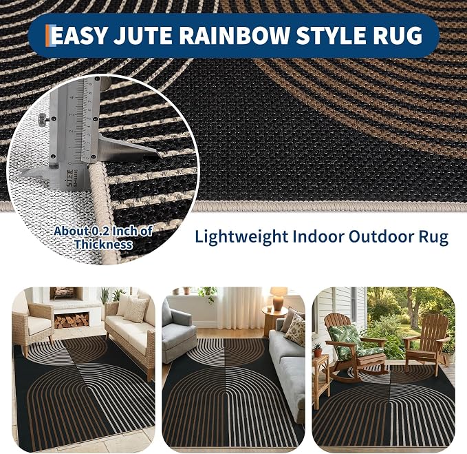 COZYLOOM 4x6 Striped Rainbow Outdoor Rug, Washable Easy Jute Rug for Living Room, Stain Resistant Non Shedding Neutral Area Rugs with Non Slip Backing for Bedroom, Entryway, Patio, Black Brown