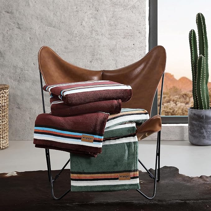 Wrangler - Queen Size Blanket, Ultra-Soft Plush Blanket, Medium Weight Cozy Bedding, Striped Americana Decor, College Dorm Room Essentials, Western Saddle Green