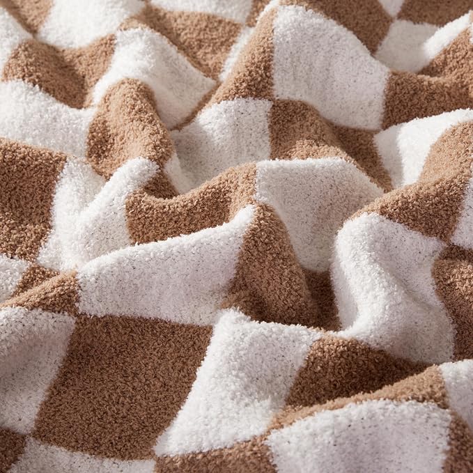 Elegant Comfort Checkered Throw Blanket, Taupe Super Soft Cozy Fluffy Warm Throw Blankets for Couch, Sofa, Chair, Bed, Camping, Picnic, Travel Lightweight Bed Blanket (50" x 70")