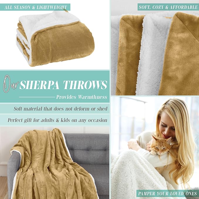 Elegant Comfort Reversible and Ultra-Plush Flannel Fleece Sherpa Throw- Lightweight Soft and Cozy- All Season Decorative Throw, Perfect for Lounging, 50 x 60 inches, Gold