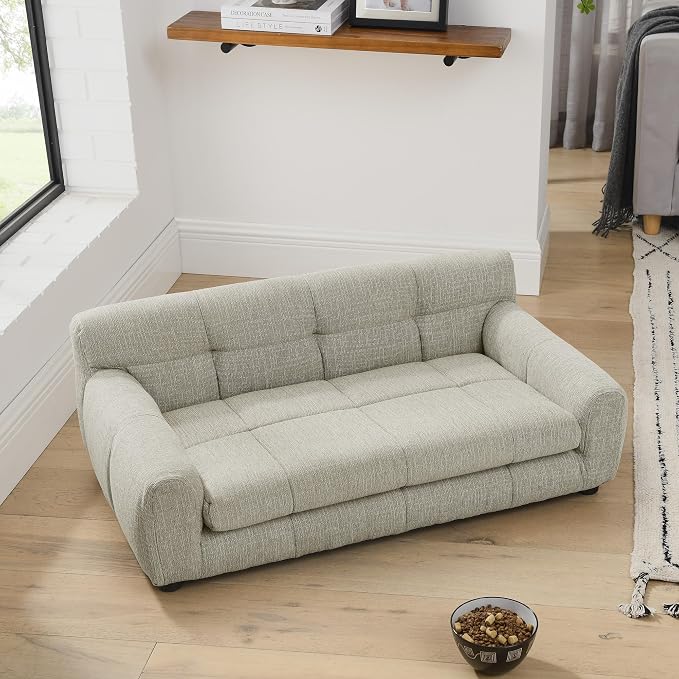 38" Dog Sofa Couch Bed for Small, Medium, Large Dogs, Soft Memory Foam Pet Sofa with Durable Linen Fabric, Comfortable Pet Couch with Backrest and Armrests, Easy to Clean and Maintain（Beige）