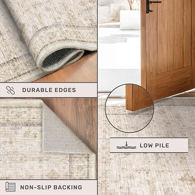 Beige Boho Bathroom Rug 2x7 - Non Slip Washable Floral Runner Rug for Kitchen Floor, Hallway, Farmhouse Entryway Mat with Geometric Pattern, Vintage Low Pile Stain Resistant Carpet