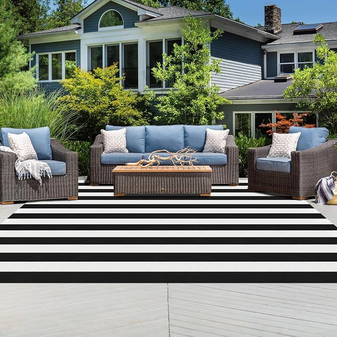 Black and White Striped Rug 6x9 Feet Cotton Woven Rug Reversible Retro Farmhouse Striped Outdoor Rug Washable Indoor Outdoor Area Rug for Living Room Bedroom Dining Room Home Decor Carpets