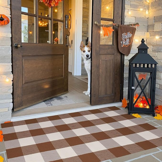 Buffalo Plaid Outdoor Rug 27.5" x 43" Coffee and White Checkered Area Rug Washable Fall Doormats Indoor Outdoor Rugs for Layered Front Door Mats, Porch, Entryway, Kitchen, Farmhouse