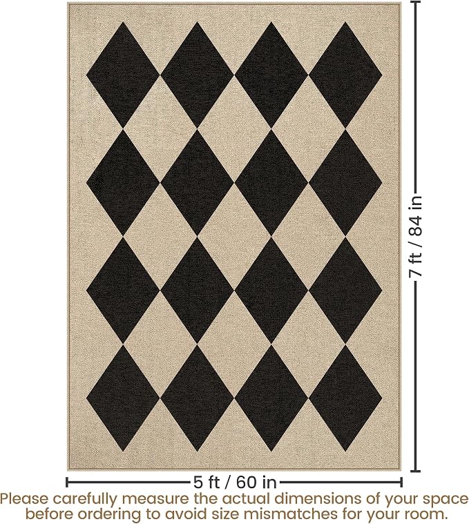 Washable Checkered Easy Jute Rug 5x7, Black Checkerboard Geometric Modern Outdoor Indoor Patio Large Rugs, Woven Thin Carpet Mat for Living Dining Room Bedroom Classroom Kids Nursery Play Room