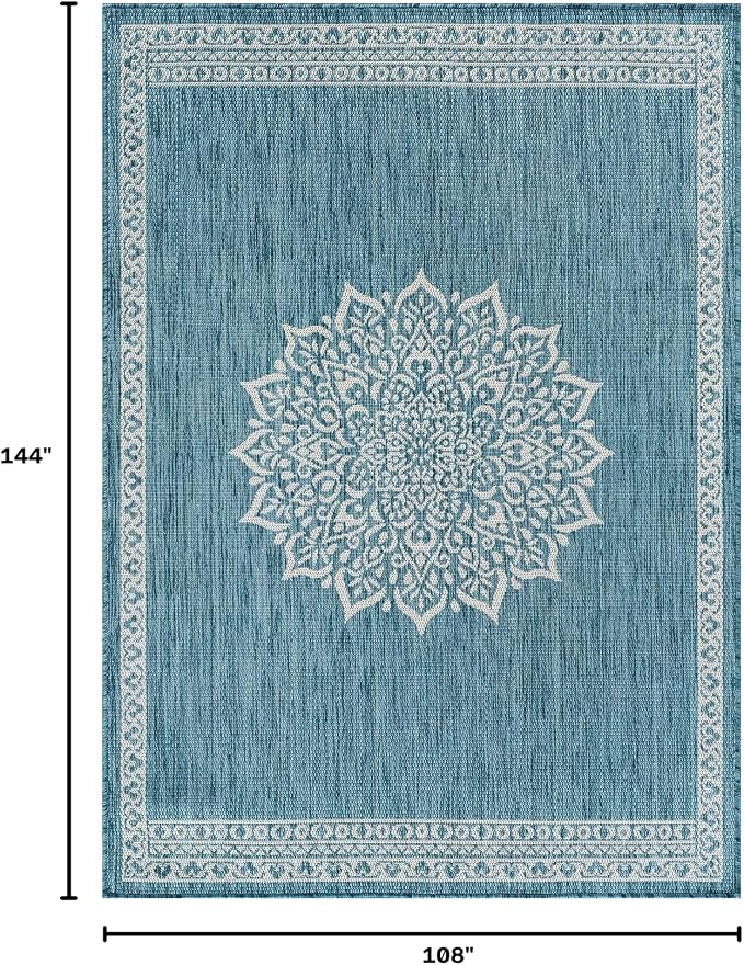 CAMILSON Outdoor Rug 9x12 Medallion Aqua Modern Large Area Rugs for Indoor and Outdoor Patios Kitchen and Hallway Mats Washable Porch Deck Outside Carpet (Medallion Aqua 9 x 12)