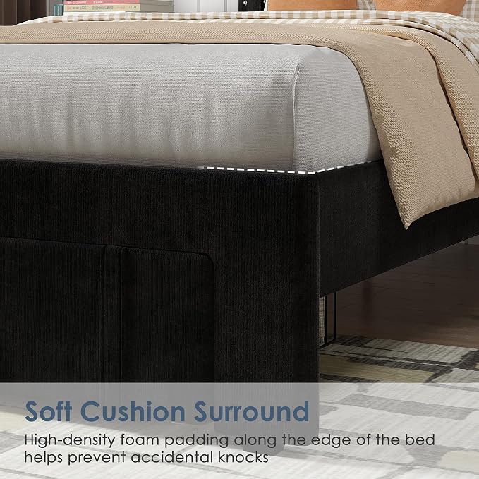 VECELO Twin Size Upholstered Bed Frame with Storage Drawer, Adjustable Velvet Rivet Decor Headboard, Wooden Slats Platform Support, No Box Spring Needed, Easy Assembly,Black