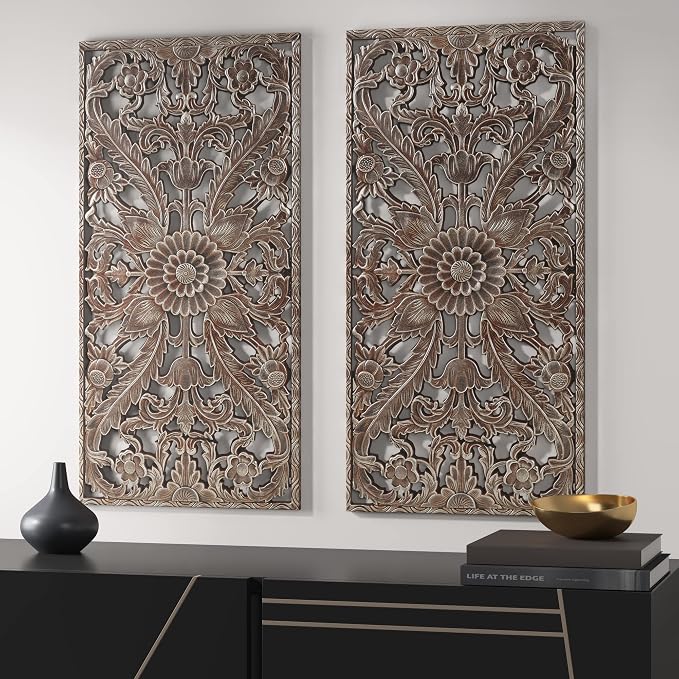 Madison Park Carved Wood Wall Art 2 Piece, Floral Wooden Carving Wall Decor, Bronze Wall Art Living Room Bedroom, Copper Embellished Boho, Ready to Hang, 15.75"W x 31.5"L, Bronze