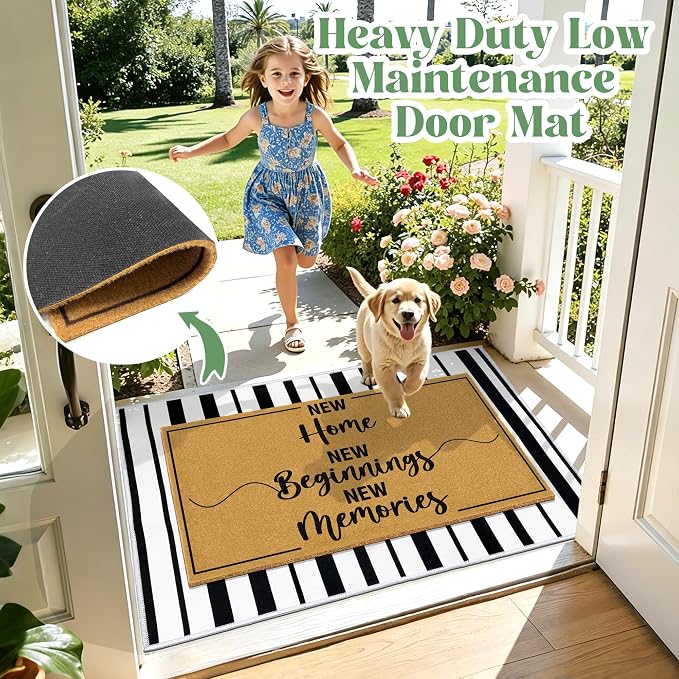2 Pcs Coir Door Mat Welcome Mats for Front Door Porch Black White Layering Rug for Outside Entrance Non Slip New Home Area Rugs for Outside Patio Housewarming Gift Idea for Family Friends 23.6"x35.4"