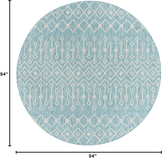 Unique Loom Outdoor Trellis Collection Area Rug - Tribal Trellis (7' 10" Round, Aqua/ Ivory)