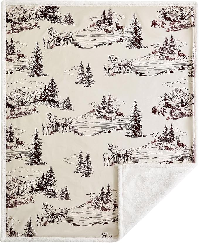 Paseo Road Indigo Hill by HiEnd Accents White Pine 54x68 Throw Blanket | Pine Tree Nature Mountain Print with Bear, Deer, and Elk, Western Cabin Lodge Rustic-Style Fleece Blanket for Camping