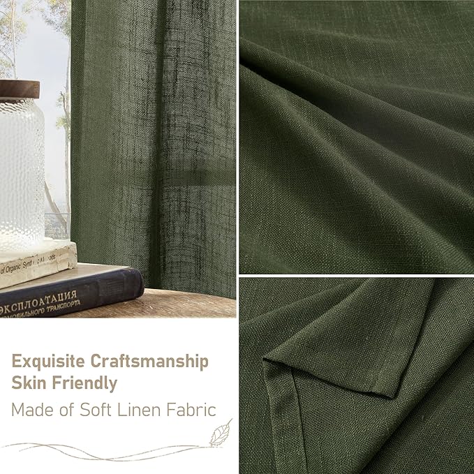 LAMIT Olive Green Linen Curtains 80 inch Length 2 Panels, Light Filtering Semi Sheer Curtains Back Tab and Rod Pocket Neutral Panels for Bedroom/Living Room, 34 x 80 Inch