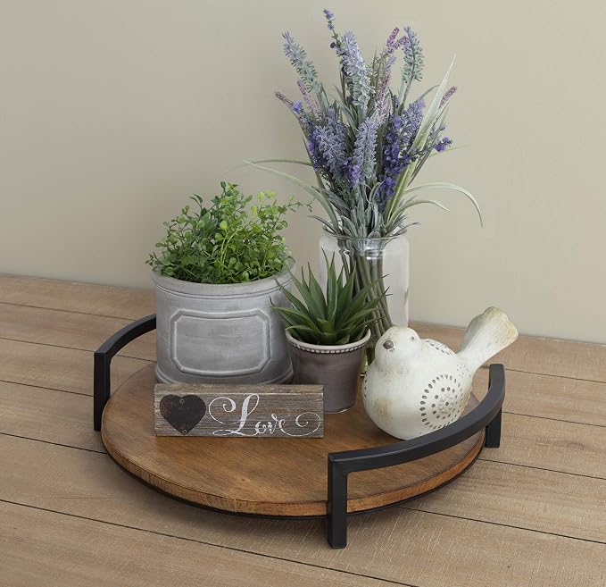 Kate and Laurel Ficher Round Wood Tray, 15" Diameter, Rustic Brown, Shabby-Chic Farmhouse Centerpieces for Table or Ottoman