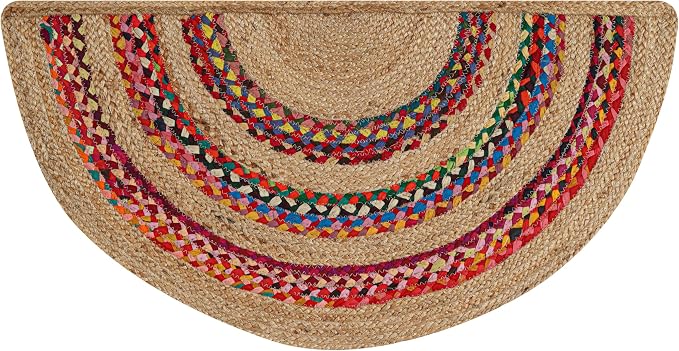 Boho Braided 1.5x3 Area Rug - Jute Chindi Half Circle Rug for Living Room Entryway, Farmhouse, Home Décor, Indoor Rugs Jute Door mat for Bathroom, Kitchen (Multi-Natural, 1.5 X 3 ft)