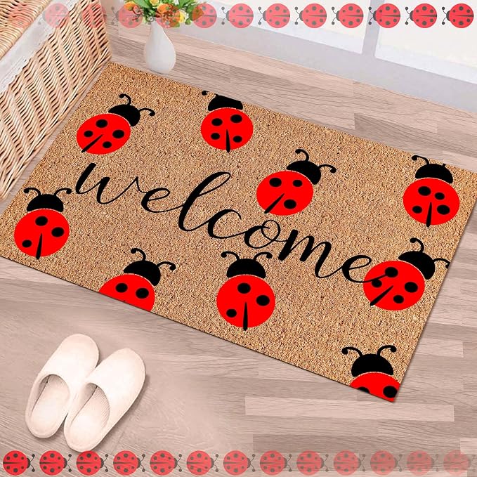 Ceenna Summer Ladybug Welcome Doormat Outdoor Ladybug Coir Rug with Non Slip Backing Summer Doormat Front Porch Rugs for Home Entrance Anniversary, 16 x 28 Inches