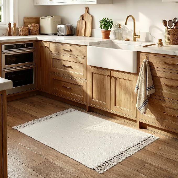 Collive Small Bathroom Rug 2' x 3', Modern Farmhouse Kitchen Rugs Hand Woven Washable Entryway Rugs, White Low Profile Front Door Mat Reversible Braided Carpet for Porch Back Bedroom Boho Decor
