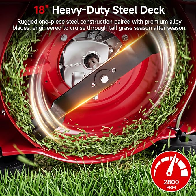 18-Inch Gas Lawn Mower, 131cc 4-Stroke OHV Engine, 3-in-1 Push Walk-Behind | 18" Blade | 3-in-1 Mulch/Bag/Rear Discharge with 50L Grass Tank | Yard Garden | 8 Cutting Height Adjustment | Steel Deck