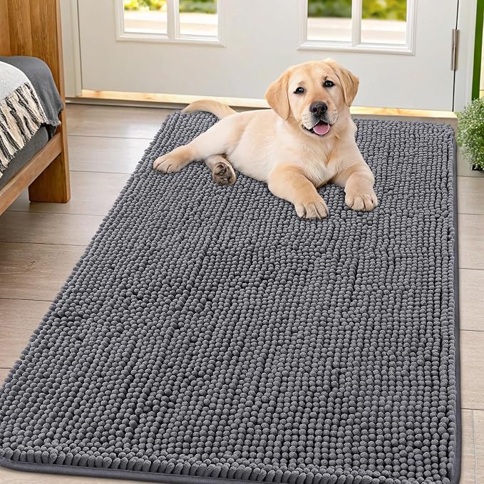 Smiry Dog Door Mat for Muddy Paws 47x32, Absorbent Dirt Trapper, Non-Slip Washable Chenille Entryway Rug for Inside Floor, Dark Grey, Classic Solid